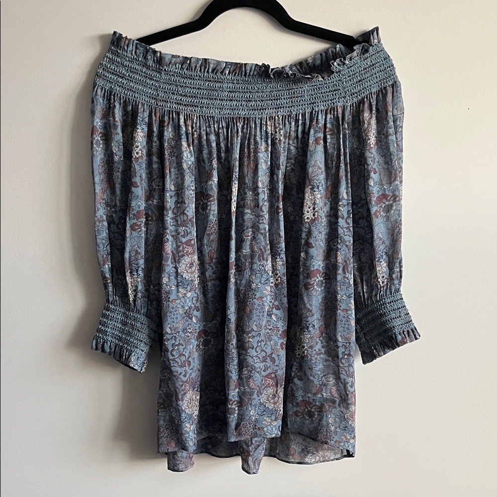 Frye Blue, Burgundy & Cream Floral Off-Shoulder Smocked Top